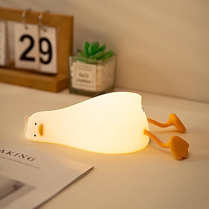 Lying Flat Duck Night Light, LED Squishy Duck Lamp, Cute Light Up Duck, Silicone Dimmable Nursery Nightlight, Rechargeable Bedside Touch Lamp for Breastfeeding, Finn The Duck.